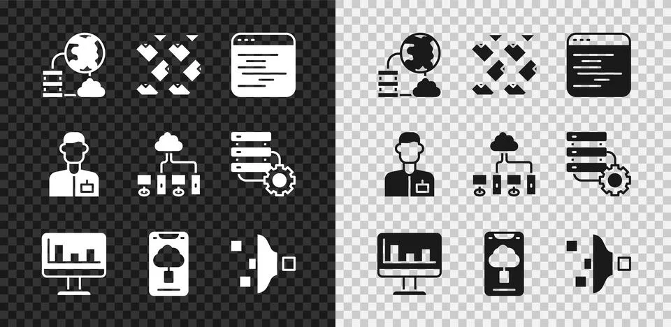 Set Network cloud connection, Data stream, Software, Monitor with graph chart Illustrazione stock