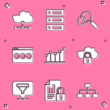 Set Network cloud connection, Data, Web Hosting, Magnifying glass and gear Illustrazione stock