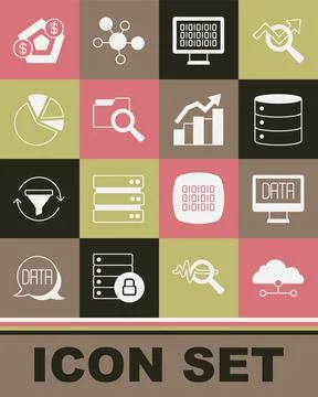 Set Network cloud connection, Data analysis, Server, Binary code, Search with Illustrazione stock