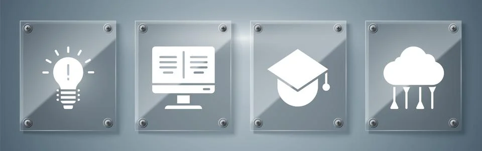 Set Network cloud connection, Graduation cap on globe, Online book on monitor Illustrazione stock