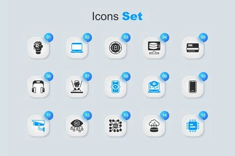 Set Network cloud connection, Hologram, Laptop, Security camera, Processor .. Stock Illustration