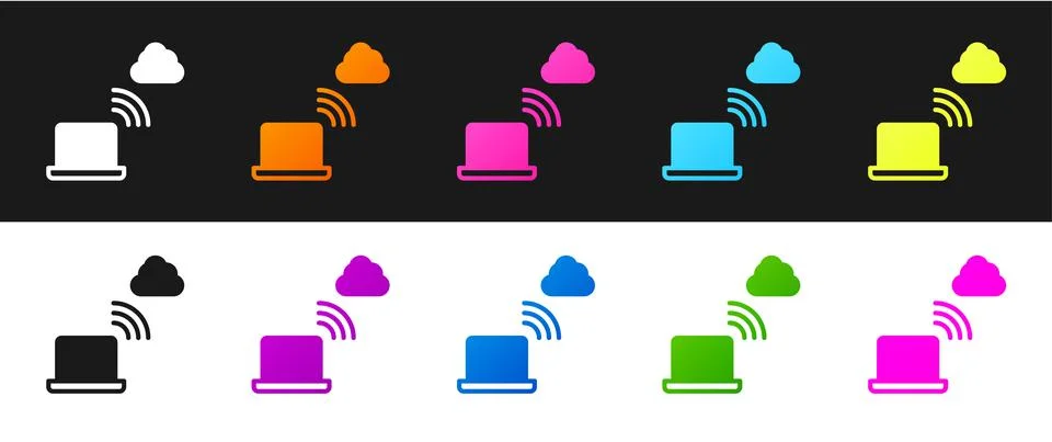 Set Network cloud connection icon isolated on black and white background. Social Illustrazione stock