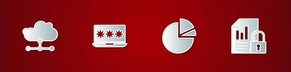 Set Network cloud connection, Laptop with password, Pie chart infographic and Stock Illustration