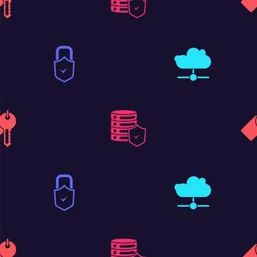 Set Network cloud connection, Lock and check mark, Server with shield and Marked Stock Illustration