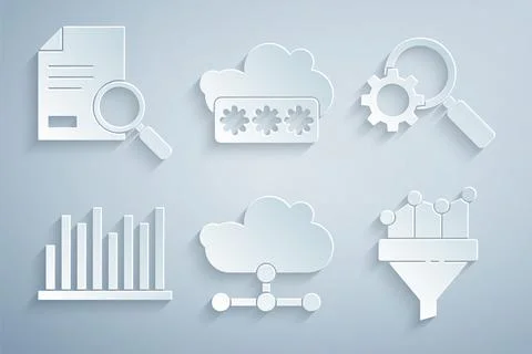 Set Network cloud connection, Magnifying glass and gear, Pie chart infographic Stock Illustration
