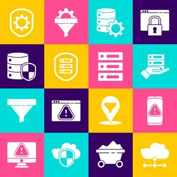 Set Network cloud connection, Mobile with exclamation mark, Server, Data, Web Stock Illustration