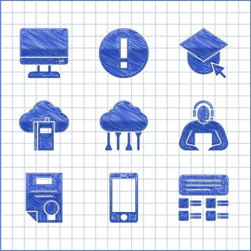 Set Network cloud connection, Mobile phone, Online quiz, test, survey, Student Illustrazione stock