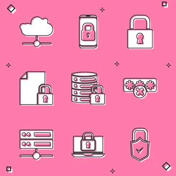 Set Network cloud connection, Mobile with closed padlock, Lock, Document an.. Illustrazione stock