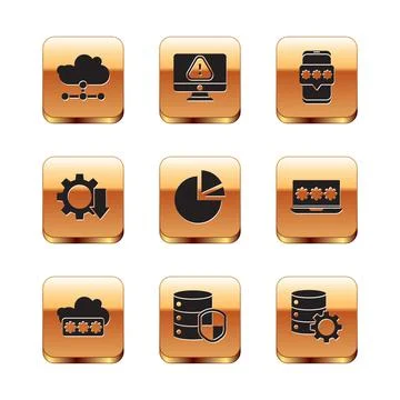 Set Network cloud connection, Password protection, Server with shield, Pie chart Stock Illustration