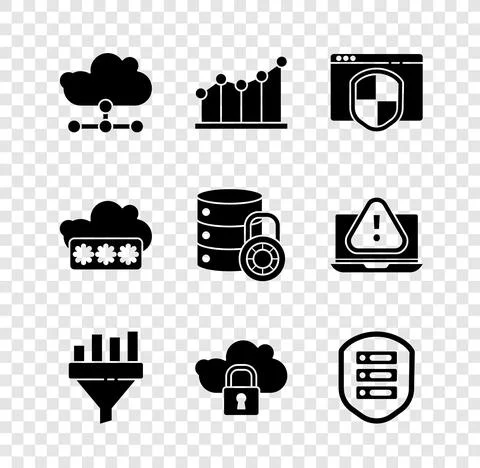 Set Network cloud connection, Pie chart infographic, Browser with shield, Sales Illustrazione stock