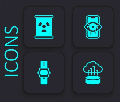 Set Network cloud connection, Radioactive waste in barrel, Computer vision and Illustrazione stock