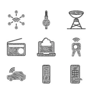Set Network cloud connection, Remote control, Digital door lock, Web camera Stock Illustration