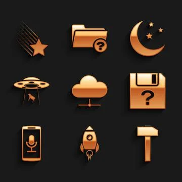 Set Network cloud connection, Rocket ship with fire, Hammer, Unknown document Stock Illustration