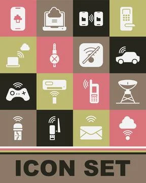 Set Network cloud connection, Satellite dish, Smart car system, Data transfer Stock Illustration