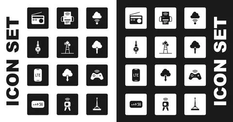 Set Network cloud connection, Satellite dish, No audio jack, Radio, Cloud upload Illustrazione stock