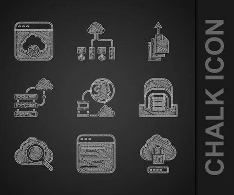 Set Network cloud connection, Software, Cloud computing lock, Hangar with Illustrazione stock