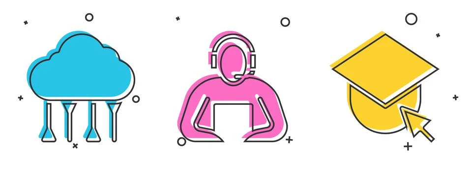 Set Network cloud connection, Student and Graduation cap on globe icon. Vector Stock Illustration