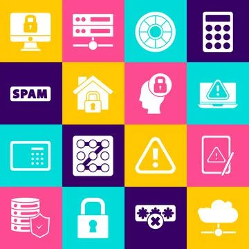 Set Network cloud connection, Tablet with exclamation mark, Laptop, Safe, House Stock Illustration