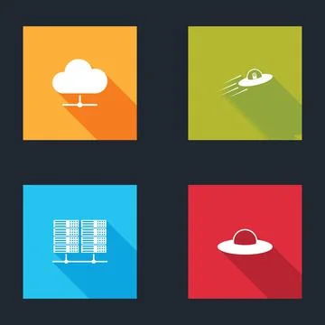 Set Network cloud connection, UFO flying spaceship and alien, Server, Data, Web Stock Illustration