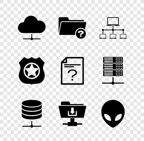 Set Network cloud connection, Unknown directory, Computer network, Server, Data Illustrazione stock