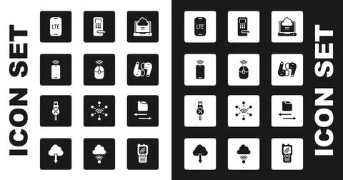 Set Network cloud connection, Wireless computer mouse, Mobile with wi-fi Stock Illustration