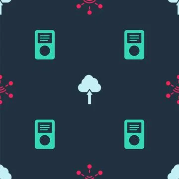 Set Network, Cloud upload and Music player on seamless pattern. Vector Illustrazione stock