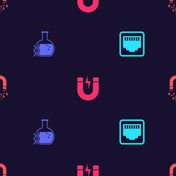 Set Network port cable socket, DNA research, search, Magnet with lightning and Stock Illustration