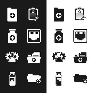 Set Network port cable socket, Medicine bottle, Clinical record, Clipboard with Stockillustratie