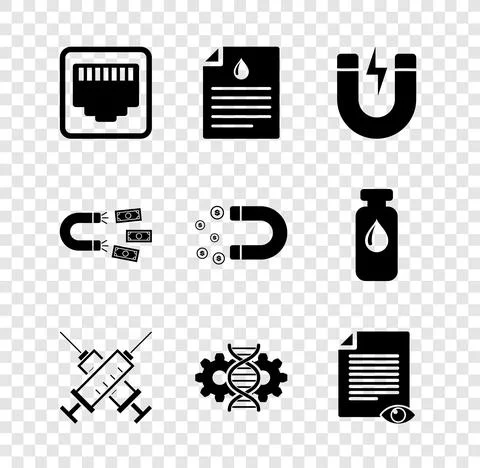 Set Network port cable socket, Clipboard with blood test, Magnet lightning Stock Illustration