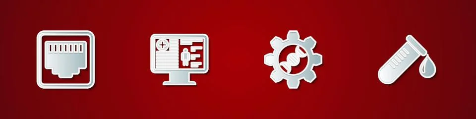 Set Network port cable socket, Clinical record on monitor, Genetic engineering Stock Illustration