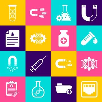 Set Network port cable socket, Genetic engineering, Test tube with drop of blood Stock Illustration