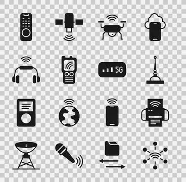 Set Network, Smart printer system, Antenna, drone, Walkie talkie, headphone.. Illustrazione stock