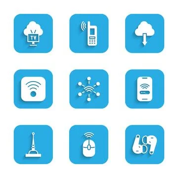 Set Network, Wireless computer mouse, Air headphones, Mobile with wi-fi wir.. Illustrazione stock
