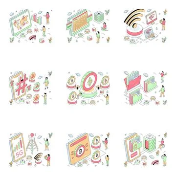 Set of Networking and Technology Isometric Illustrations Stock Illustration