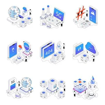 Set of Networking Isometric Illustrations 스톡 일러스트