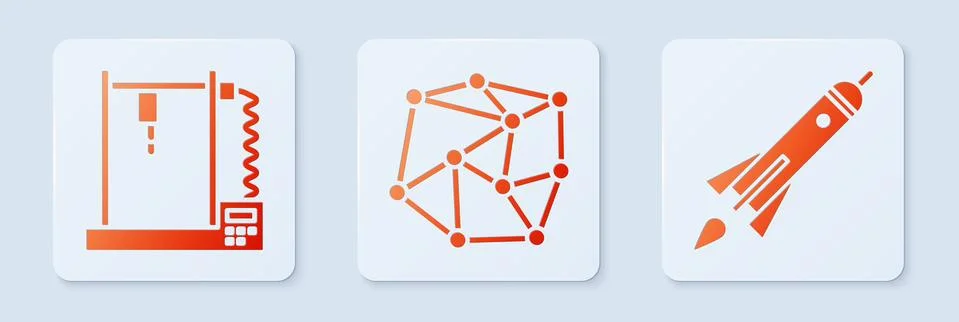 Set Neural network, 3D printer and Rocket ship with fire. White square button Stock Illustration