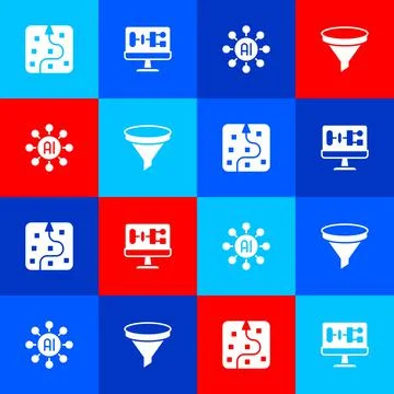 Set Neural network, Algorithm, and Funnel filter icon. Vector Illustrazione stock