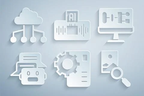 Set Neural network, Algorithm, Chat bot, Photo retouching, Artificial Stock Illustration