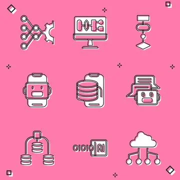 Set Neural network, Algorithm, Chat bot, Cloud technology data transfer, Se.. Stockillustratie