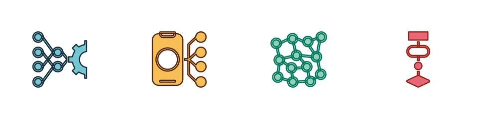 Set Neural network, and Algorithm icon. Vector Stock Illustration