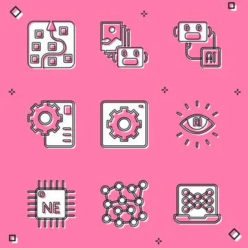 Set Neural network, Artificial intelligence robot, Computer api interface, AI Stock Illustration