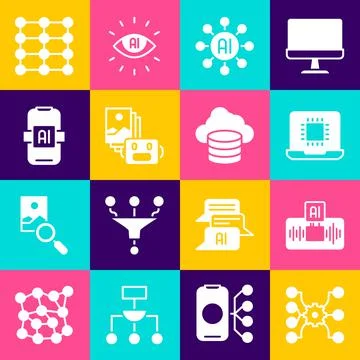 Set Neural network, Artificial intelligence AI, Processor CPU, robot, and Cloud Illustrazione stock