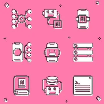 Set Neural network, Artificial intelligence robot, AI, Chat, Server, Data, and Stock Illustration