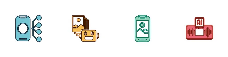 Set Neural network, Artificial intelligence robot, Mobile phone and AI icon Stock Illustration