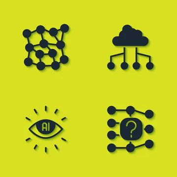 Set Neural network, Artificial intelligence AI and Network cloud connection icon Illustrazione stock