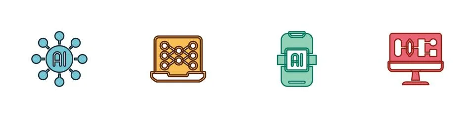 Set Neural network, Artificial intelligence AI and Algorithm icon. Vector Stock Illustration