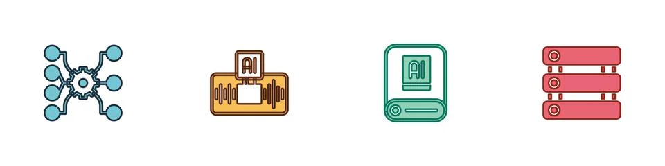 Set Neural network, Artificial intelligence AI, and Server, Data icon. Vector Stock Illustration