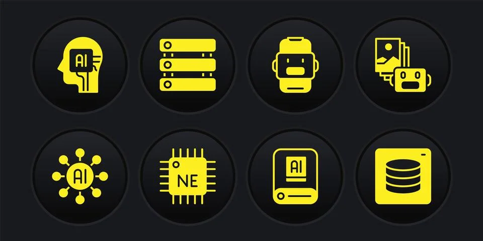 Set Neural network, Artificial intelligence robot, Processor CPU, AI, Chat Stock Illustration