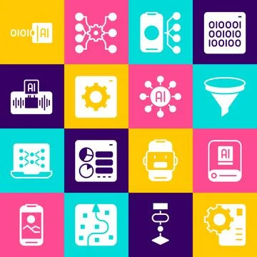 Set Neural network, Artificial intelligence AI, Funnel filter, Computer api Illustrazione stock