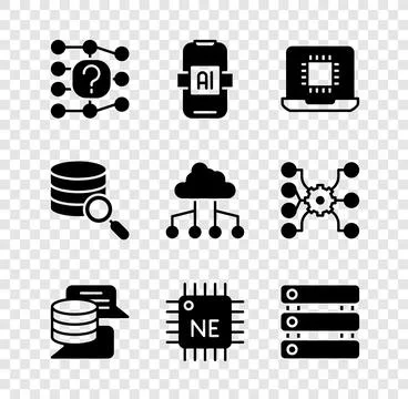 Set Neural network, Artificial intelligence AI, Processor CPU, Server, Data.. Stock Illustration